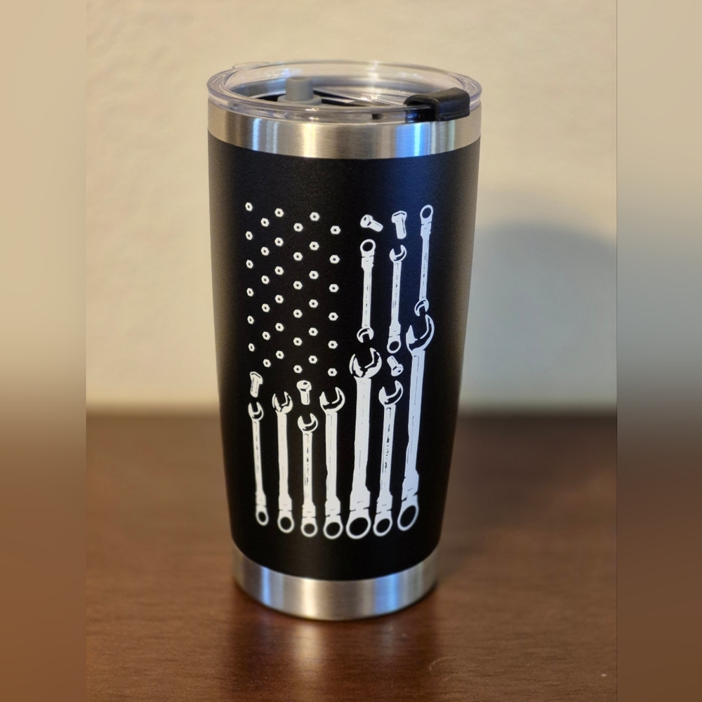 Black Tumbler with White Text